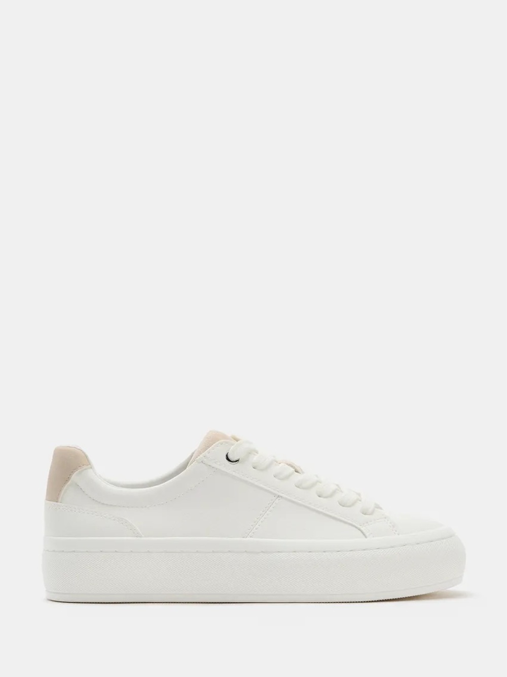 Zara White Leather Low-Top Platform Sneaker with Tan Heel Tab